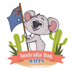 A cute round koala waving the Australian flag, flat vector illustration with crisp lines on a white background, ideal for online media on Australia Day