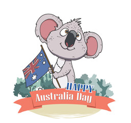 A cute round koala waving the Australian flag, flat vector illustration with crisp lines on a white background, ideal for online media on Australia Day