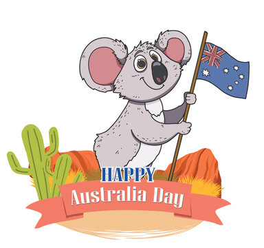 A cute round koala waving the Australian flag, flat vector illustration with crisp lines on a white background, ideal for online media on Australia Day