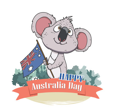 A cute round koala waving the Australian flag, flat vector illustration with crisp lines on a white background, ideal for online media on Australia Day