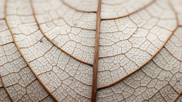 An extreme macro shot of a dried leaf skeleton, showcasing an intricate network of fine veins. The image features a neutral palette of cream and earthy brown, emphasizing the delicate.
