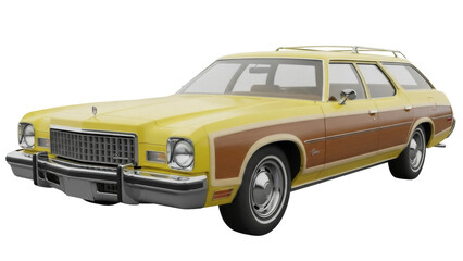 Isolated 1970s American station wagon, side view showing woodgrain paneling, vehicle cut out © Corman