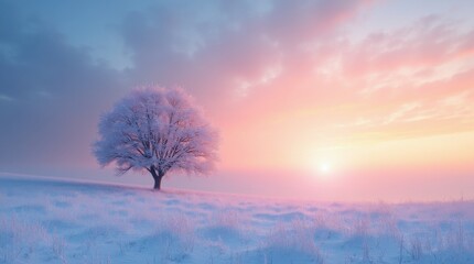 Sundown in winter landscape, snow - covered fields, sky with gradient of pastel pink and blue, lone tree silhouette 
