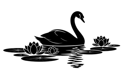 A graceful black swan wildlife illustration featuring a silhouette of two birds on a lake, creating a nature-inspired vector art design with a heart symbol and elegant wing details