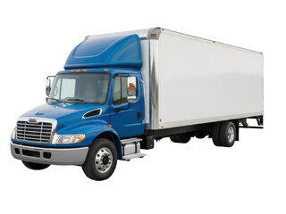 Isolated blue moving box truck on plain background for delivery service, business transport