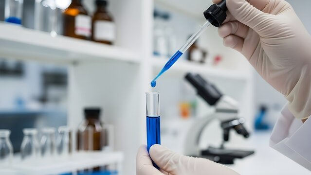 A close-up shot of a scientist wearing white gloves, carefully using a pipette to drop a blue liquid into a test tube. - Powered by Adobe