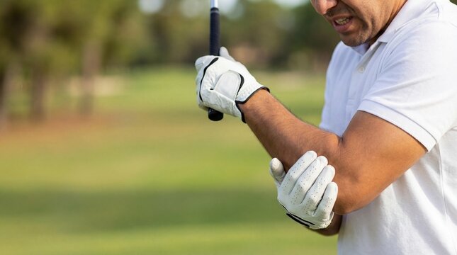 Man experiencing elbow pain playing golf on course