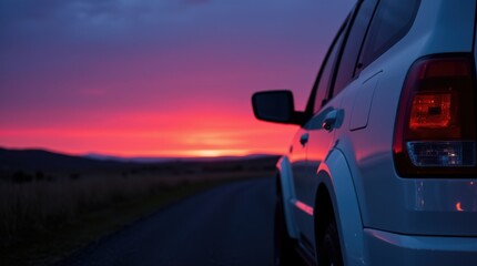 Travel, auto, transport, lifestyle. Romantic seascape, sunset, summer holidays escape concept. Beach drive.  
