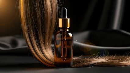 Naklejka premium An amber dropper bottle standing next to a glossy lock of blonde hair on a dark, elegant background.