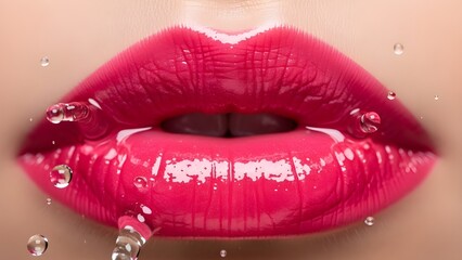 A close-up shot of full, vibrant pink lips with a high-gloss finish. The image features clear water droplets splashing against the lips, creating a refreshing and hydrated aesthetic.