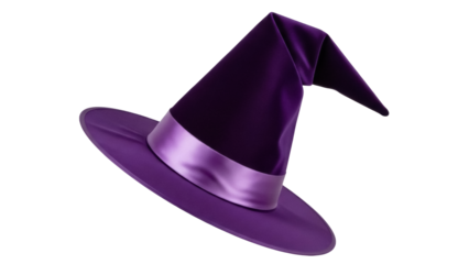 Isolated purple witch hat with ribbon, magical headwear for Halloween costume, spooky and festive