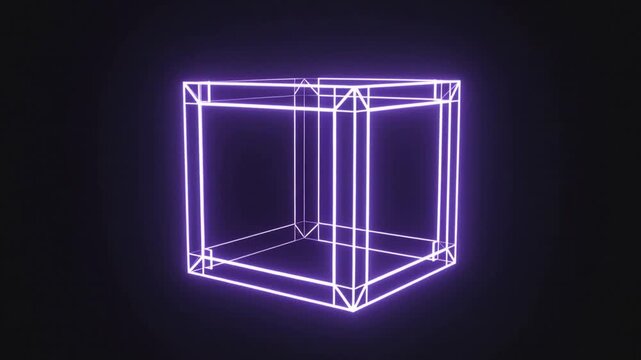 3D Neon Wireframe Cube in Purple Glow for Futuristic Tech Background with a Space to Copy
