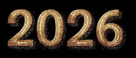 Golden glitter numbers 2026 on black background new year