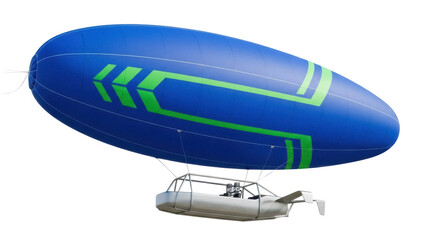 Isolated blue airship blimp with green design, aerial transportation, sky vehicle, dirigible © Friedrich
