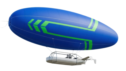 Isolated blue airship blimp with green design, aerial transportation, sky vehicle, dirigible