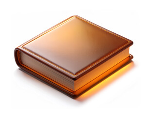 Closed brown leather book with stitched edges emitting a warm glowing light from its pages, evoking magic, mystery, knowledge, and enchanted storytelling.