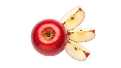 Isolated shiny red apple with slices arranged on a plain surface, healthy food, fresh fruit