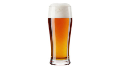 Isolated beer in tall glass with rich amber color, topped with creamy, foamy head, fresh drink