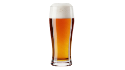 Isolated beer in tall glass with rich amber color, topped with creamy, foamy head, fresh drink