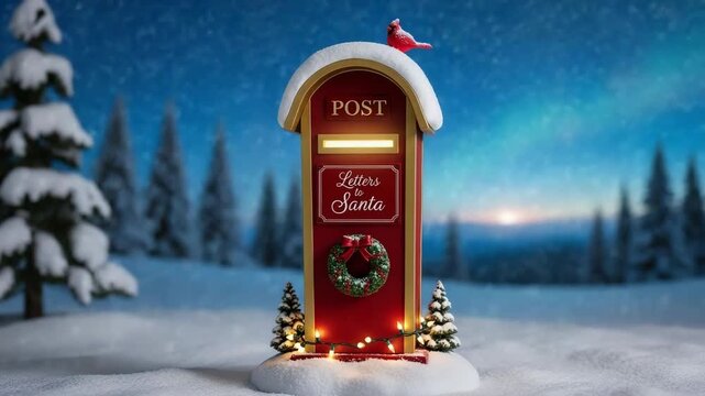 Festive red mailbox for letters to santa claus in a snowy winter landscape. A cardinal bird sits on top as snow falls during a magical twilight with aurora borealis