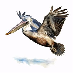 Elegant brown pelican soaring above a watercolor reflection of the sky