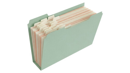 Isolated green hanging file folder organizer with tabs, home office paperwork, organized