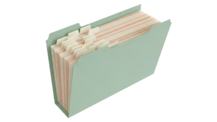 Isolated green hanging file folder organizer with tabs, home office paperwork, organized