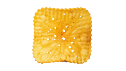 Isolated square chip with holes, textured snack food, unhealthy eating, potato treat, diet