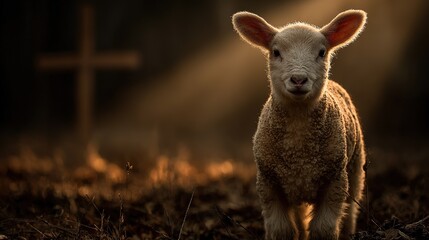 Lamb Standing Before Cross with Golden Rays, Symbolic Illustration of Faith and Redemption.