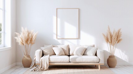 Minimal clean modern Scandinavian style living room with this wooden frame poster perfect for mockups on beige wall, natural sunlight, pampas grass and white sofa