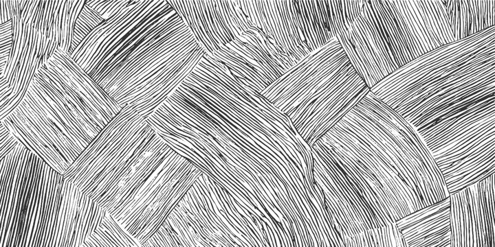 Abstract black and white pattern of overlapping curved and straight lines forming geometric shapes