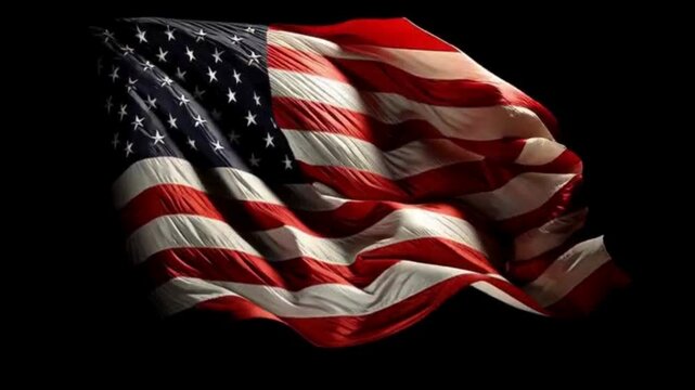 Cinematic close-up of the United States flag billowing in the wind with sun flare.
