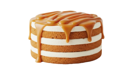 Isolated layered cake with caramel drizzle frosting, three layers, sweet treat, dessert