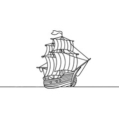 Naklejka premium Sailing Ship with Full Sails on the Sea, Continuous Line Drawing