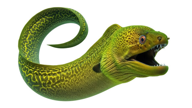 Isolated ferocious green moray eel with open mouth displaying sharp teeth on display