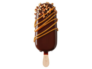 Isolated chocolate ice cream bar with nuts and caramel drizzle, delectable frozen treat