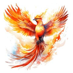Fototapeta premium Majestic phoenix with fiery plumage soaring through the air in watercolor