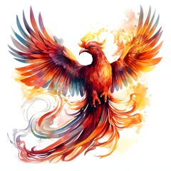 Fototapeta premium Watercolor phoenix soars with fiery wings, a symbol of rebirth and renewal