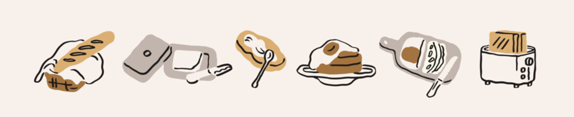 Obraz na płótnie Canvas Breakfast food set. Baguette in basket, butter, pancakes with egg, bread on board, toasts in toaster, handdrawn sketches, scribble drawings. Morning snacks in doodle style. Flat vector illustration