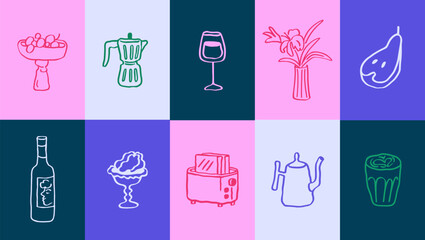 Dolce vita doodle posters set. Italian cards with handdrawn scribble outlines. Coffee, moka pot, wine glass, bottle, food, snack, flower vase, oyster, pear sketches. Hand-drawn vector illustrations