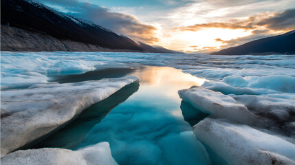 Chilled Vista: Breathtaking panorama of glacial lake with icebergs, mountains, and twilight. Capturing the serenity of a remote landscape where nature's beauty unfolds.