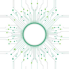 Circular processor vector with radiating green-black circuit lines, symbolizing digital connectivity and electronic systems.
