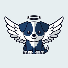Cute cartoon blue and white dog with angel wings and halo, sitting, vector illustration on a light background.