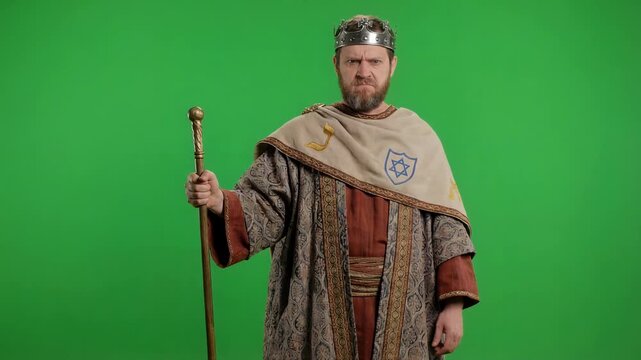 Biblical King Rehoboam full body view in royal attire with stern look front view isolated on green screen background 4k religious video footage