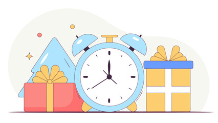 A pastel blue alarm clock stands prominently amidst festive gifts and abstract shapes, signifying time and celebration.