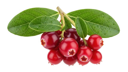Isolated bunch of lingonberries with leaves, cluster of juicy red fruits, fresh berries