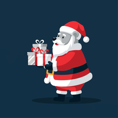 A cartoon polar bear dressed as Santa Claus holding two wrapped Christmas presents on a dark blue background.