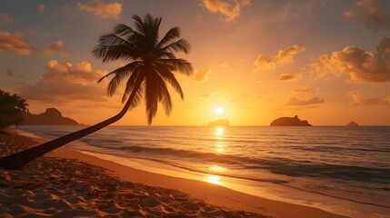 tropical beach sunset with palm tree smooth shoreline and vivid orange pink sky