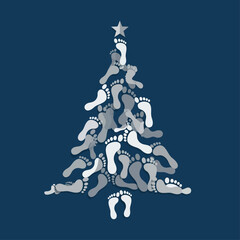 A creative Christmas tree illustration made from various grey and white footprints on a dark blue background, topped with a star.