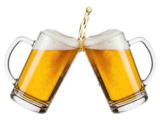 Isolated Beer mugs cheering, clinking with alcohol, celebratory toast, golden liquid, froth
